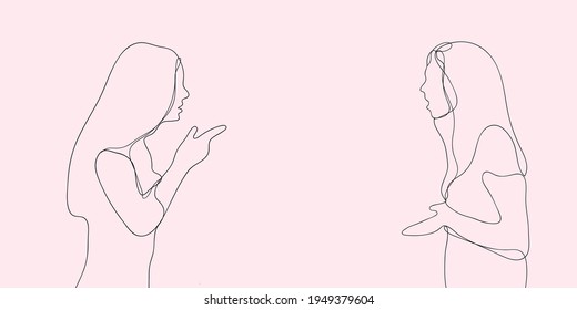 Two women friends arguing. Hand drawn style vector design illustrations with pink background.