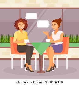 Two women friends in a cafe drinking coffee. Communication and gossip. Vector illustration