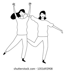 Two women friends cartoon in black and white