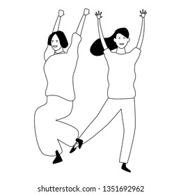 Two women friends cartoon in black and white