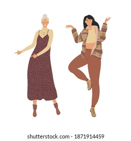 Two women friends. Girlfriends have fun dancing and singing songs. The illustration is shown on a white background. Vector illustration