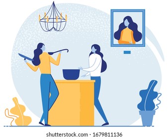 Two Women, Friends Preparing and Testing Food for Dinner at Home. Young Girls in Modern House Lunch Room Interior. Friendly Communication and Spending Time Together. Flat Vector Illustration.