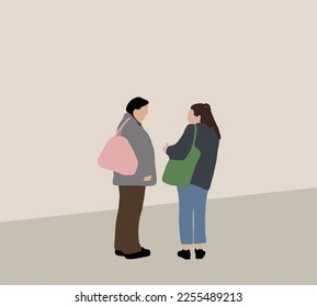 Two women friends with shopping bags talking on the street. People, communication and friendship concept