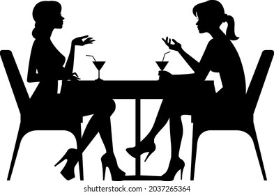 Two Women Friends Are Sitting At A Cafe Table, Talking And Drinking A Cocktail. Female Stylized Silhouettes In A Bar Vector Illustration.
