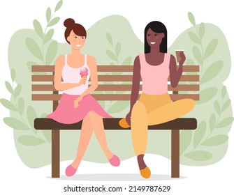 Two women friends sitting on bench vector illustration.  Holding cups drinking tea or coffee, eating icecream. Communication meeting, girlfriends, sitting outdoor in a park. Summer concept.