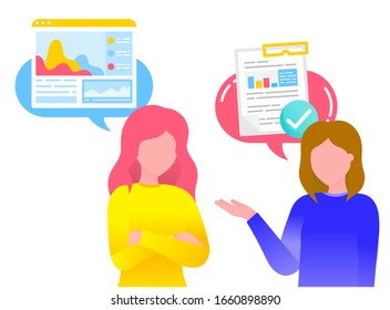Two women, friends talking with each other about work projects and documentation. People conversation, discussion. Speech bubbles with person thoughts. Vector illustration of dialog in flat style