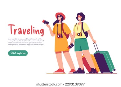 Two women friends travelers with backpacks holding passports and suitcases. Vector illusration.