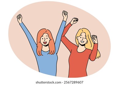 Two women friends triumphantly raise hands up celebrating long-awaited meeting or successful completion of college. Cheerful girl friends dancing at disco waving arms and enjoying cool music