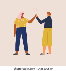 Two women get a success or agreement in business,  give five to each other and celebrate. Connection and solidarity illustration in vector. 