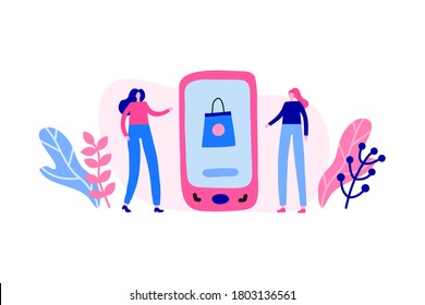 Two women or girls standing near a big smartphone and make mobile shopping. Modern flat illustration isolated on white background.