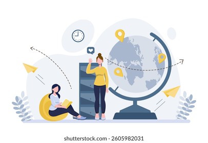 Two women with a globe and paper planes on a white background, flat graphic style, showing worldwide connection and education concept. Vector illustration
