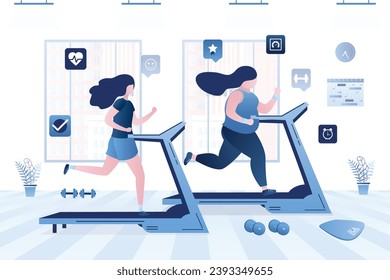 Dos mujeres entran a los deportes en el gimnasio. El flaco personaje femenino corre sobre la cinta de correr. La chica de Plump quiere perder peso con entrenamiento cardiovascular. Concepto de estilo de vida sano y aptitud física. Ilustración vectorial plana