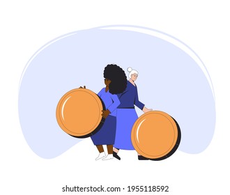 Two women with gold coins. Young and elderly female characters standing together with money. Vector color line art illustration.