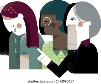 Two women gossiping about a third woman. Bullying at the workplace.
