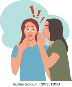 Two women are gossiping. A girl is talking in the other girl's ear about a rumor. Spreading untrue information between people. Stock vector illustration