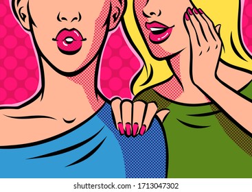 Two Women Gossiping, Whispering In Ear. Pop Art Retro Vector Illustration.