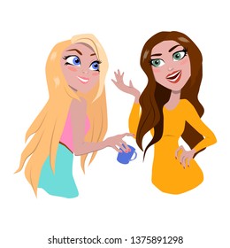 Two women gossiping.blonde and brunette are discussing.isolated on white background.