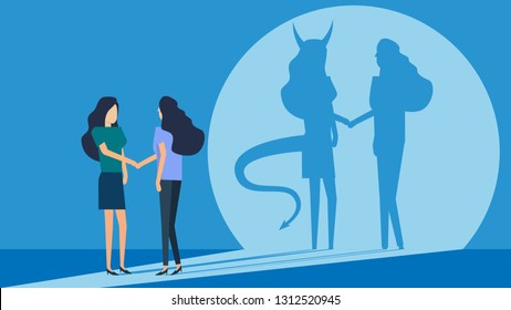 Two women greeting and shaking hand to each other with the shadow of the fake devil demon woman on the blue wall showing she is not sincere