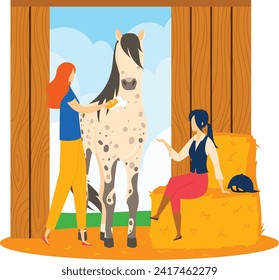 Two women grooming a horse in stable, redhead brushing, equestrian care. Horse barn, stable activities, horse care routine vector illustration.