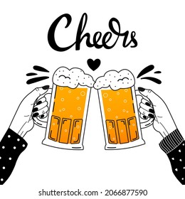 Two women hands holding beer mugs and making cheersand heart, splashes isolated on white background, lettering in hand drawn style, party celebretion in pub, happy beer day or oktoberfest poster