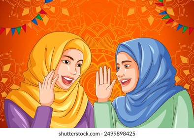 Two women happily chatting with vibrant background