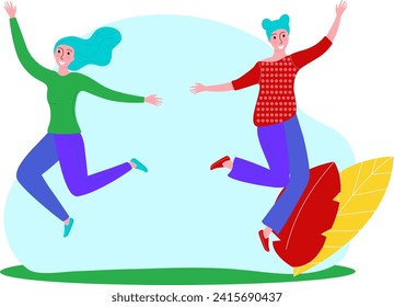 Two women happily jumping in the air on a green field, one with blue hair and green top, the other with purple hair in a red patterned shirt. Friendship and joy concept. Energetic youth enjoying