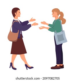 Two women have met and are holding out their hands to each other. Girls smile at each other. Meeting of friends. Vector illustration in flat style, isolated on white background.