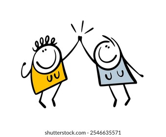 Two women have met and are holding hands in the name of feminism. Vector illustration of girl with curly hair relaxing with friend, dancing, having fun. Isolated female persons on white background.