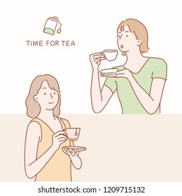 Two women have a tea time. hand drawn style vector design illustrations.