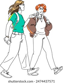 Two women having a chat while on a walk. Vector, color.