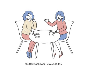 Two women having a conversation over coffee. Vector illustration. Simple hand drawn illustration.
