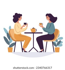 Two women having a friendly conversation over a cup of tea, vector illustration