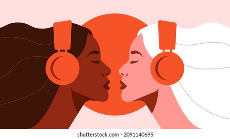 Two women in headphones. Concept of podcast, audiobook, radio, meditation. Abstract female faces, silhouette, side view. Contemporary vector illustration for poster, banner, cover.