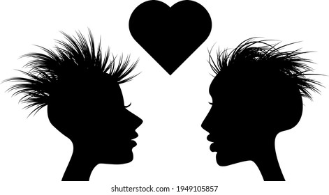 Two women with a heart in the middle. LGBT, love is love, happy pride month. Confident girls support each other. Two flat profiles of females looking each other. Self acceptance. Vector illustration