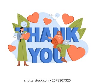 Two women with hearts near Thank You text, surrounded by leaves and shapes on a white background. Expresses gratitude and appreciation. Vector illustration