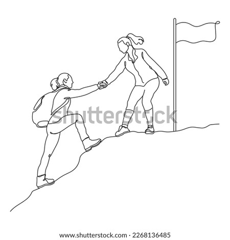 Two women helping each other  hike up mountain line drawing illustration.