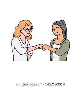 Two women hit by fists, a gesture of agreement, respect and approval. Partnerships, friendship between women and girls, gestures of respect, vector flat illustration.