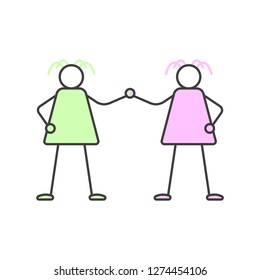 Two women hold hands. Cartoon illustration of female friendship. Vector on white background