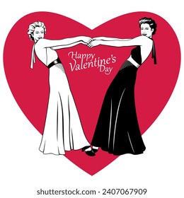 Two Women Hold Hands with heart background. Valentines Day design for greeting card, invitation, poster.