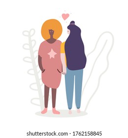 Two women hold hands, LGBT, couple, love, happy pride month, friendship Flat vector illustration.