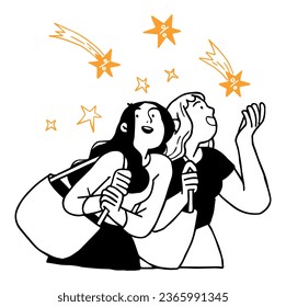 two women are holding a bag with stars in the sky