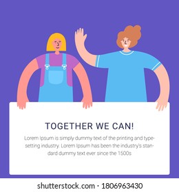 Two women holding banner and calling on for incorporation. Together we are power. Protesting for rights, freedom. International women day. Woman empowerment concept for poster, web banner, website
