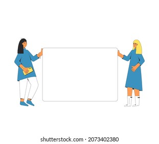 Two women holding a banner. Female friends with blank, placard. Vector characters line art illustration isolated on white background.