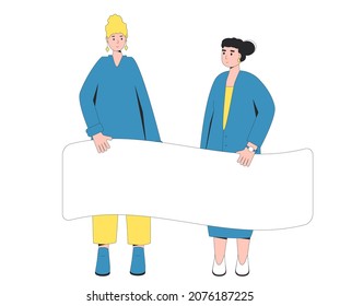 Two women holding a banner. Female friends with blank, placard. Vector characters line art illustration isolated on white background.