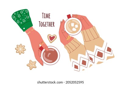 Zwei Frauen, die Tasse mit Kaffee und Marshmallows halten.Kalte Jahreszeit.Cookies Hintergrund.Weihnachtszeit für Freunde, Familie und Freunde.Vektorgrafik.