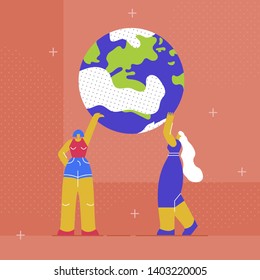 Two Women Holding Earth Globe Flat Illustration. Girls Power, Strength, Empower. Strong Female Characters with Planet. Best Friends, Sisters, Girlfriends. Students, Teenage Activists