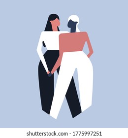 two women holding hands, abstract vector flat illustration