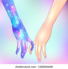 Two women holding hands isolated vector illustration. Valentine's Day card design. Magic, occult sign for textile and fabric, t-shirt, pin and sticker. One hand with galaxy inside holding human palm
