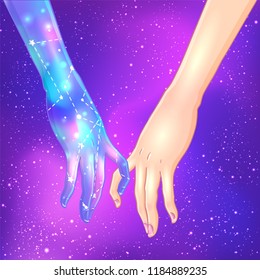 Two women holding hands isolated vector illustration. Valentine's Day card design. Magic, occult sign for textile and fabric, t-shirt, pin and sticker. One hand with galaxy inside holding human palm
