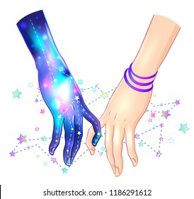 Two women holding hands isolated vector illustration. Valentine's Day card design. Magic, occult sign for textile and fabric, t-shirt, pin and sticker. One hand with galaxy inside holding human palm
